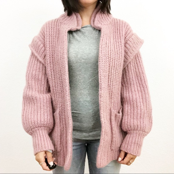Sweaters - Pink Vintage 💕 size L 80s Chunky Wool Knit Oversized Cardigan Sweater Pockets